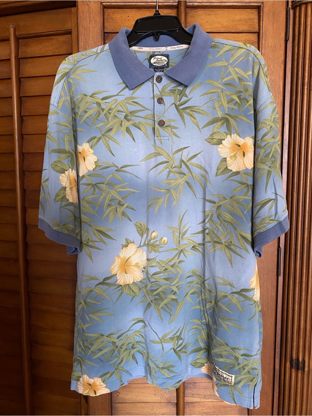 Tommy Bahama Light Blue Floral Polo with Yellow Hibiscus